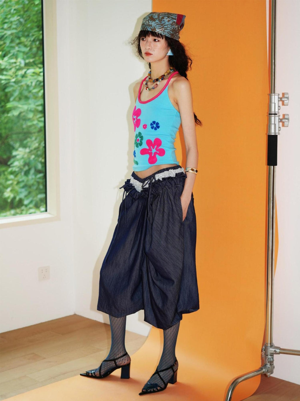 badtaste Western Heavy Patchwork Asymmetric Triple Waistband Women's Denim Wide-leg Pants