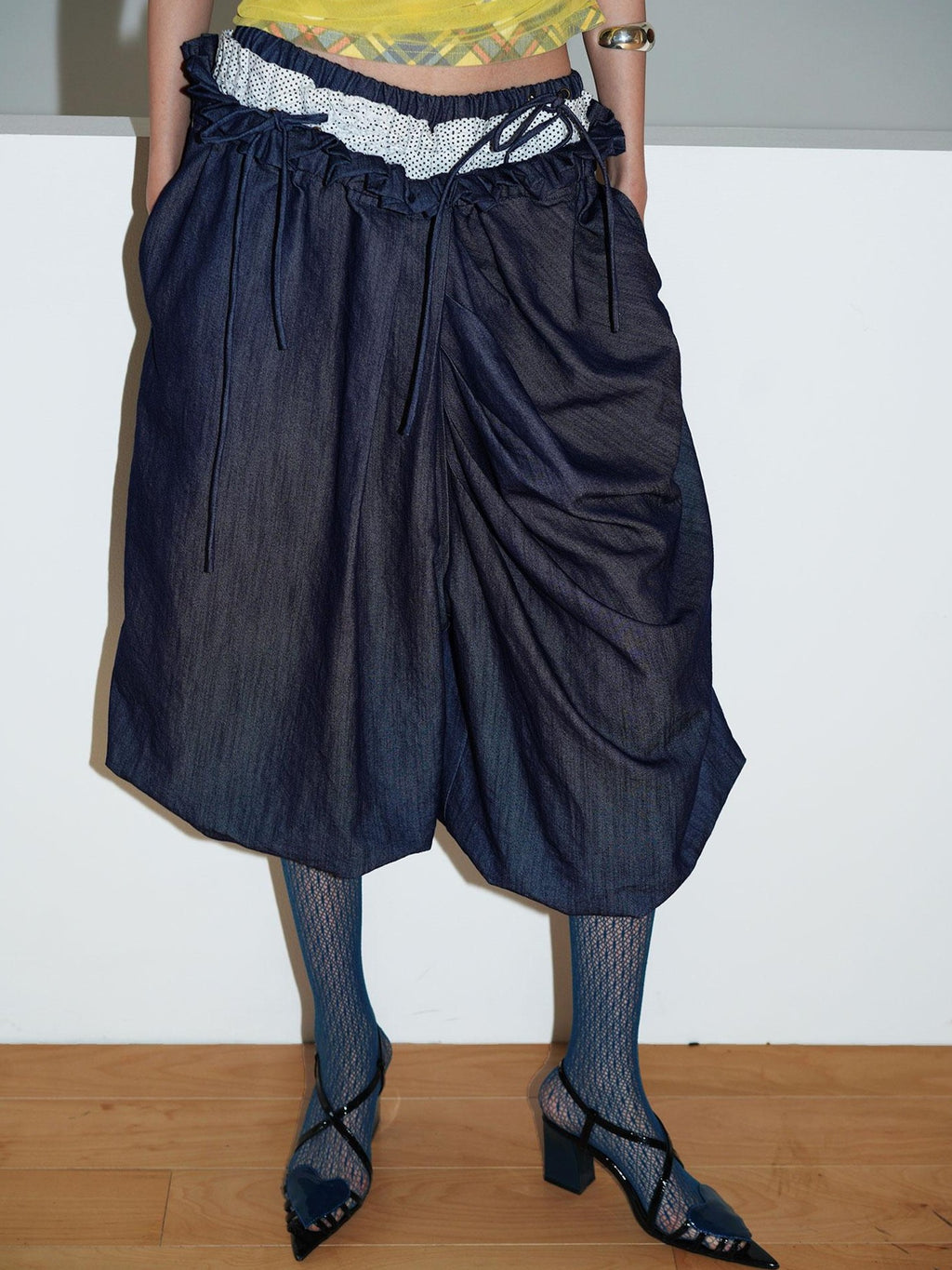 badtaste Western Heavy Patchwork Asymmetric Triple Waistband Women's Denim Wide-leg Pants