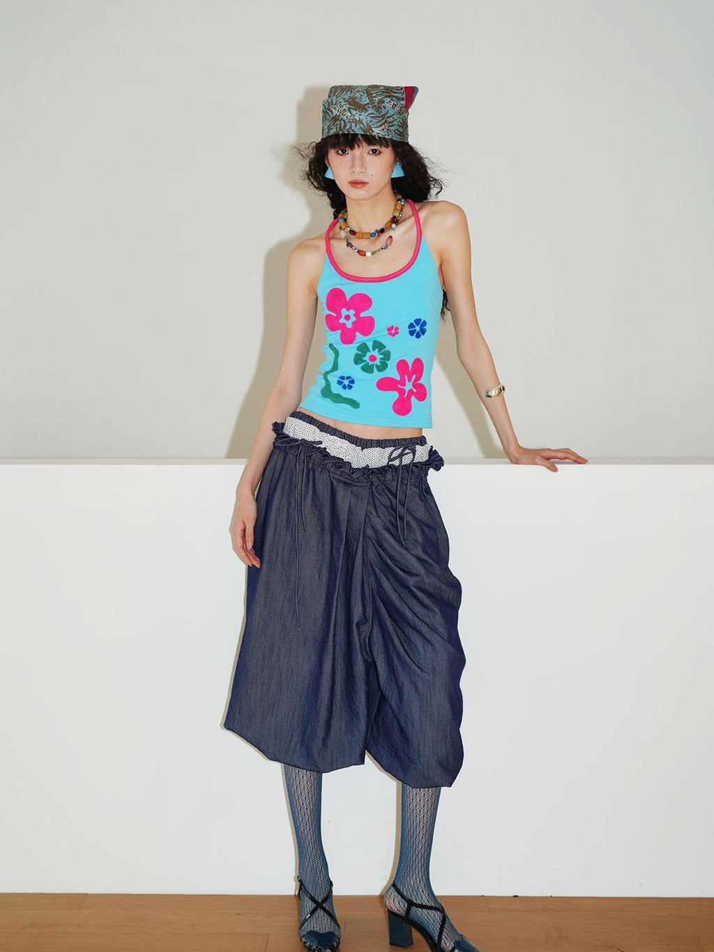 badtaste Western Heavy Patchwork Asymmetric Triple Waistband Women's Denim Wide-leg Pants