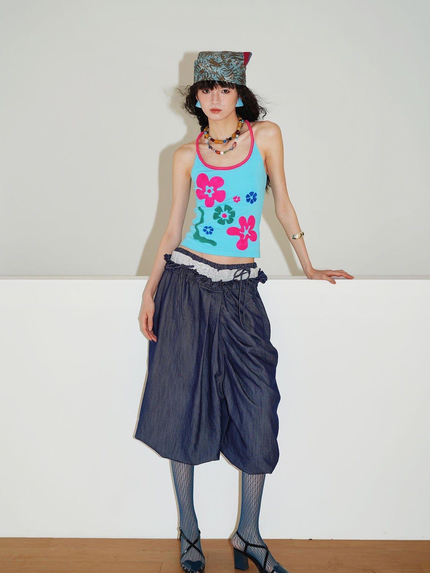 badtaste Western Heavy Patchwork Asymmetric Triple Waistband Women's Denim Wide-leg Pants