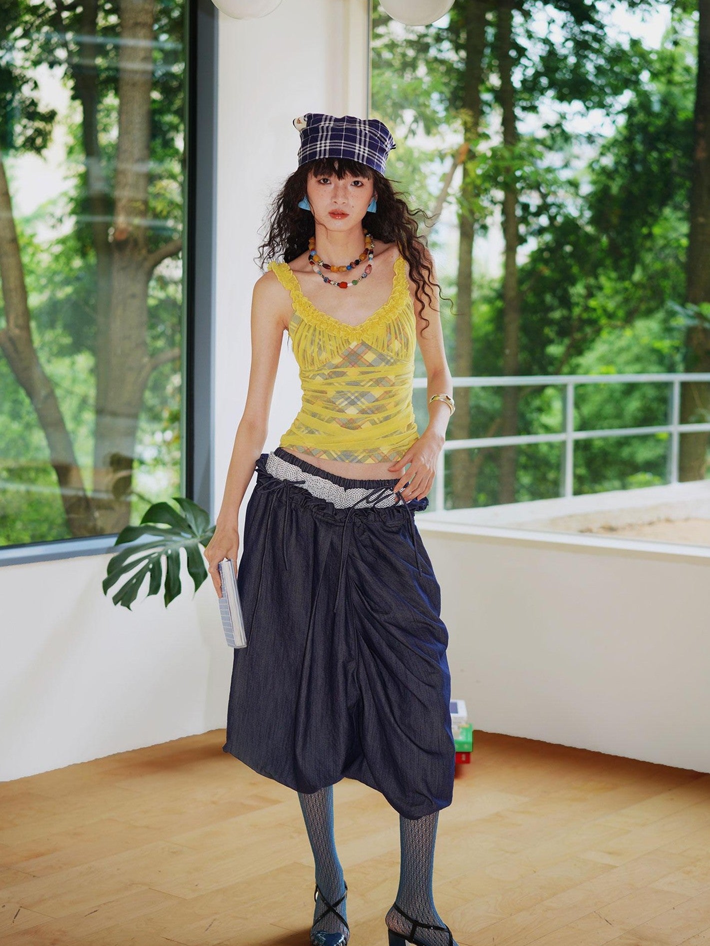 badtaste Western Heavy Patchwork Asymmetric Triple Waistband Women's Denim Wide-leg Pants