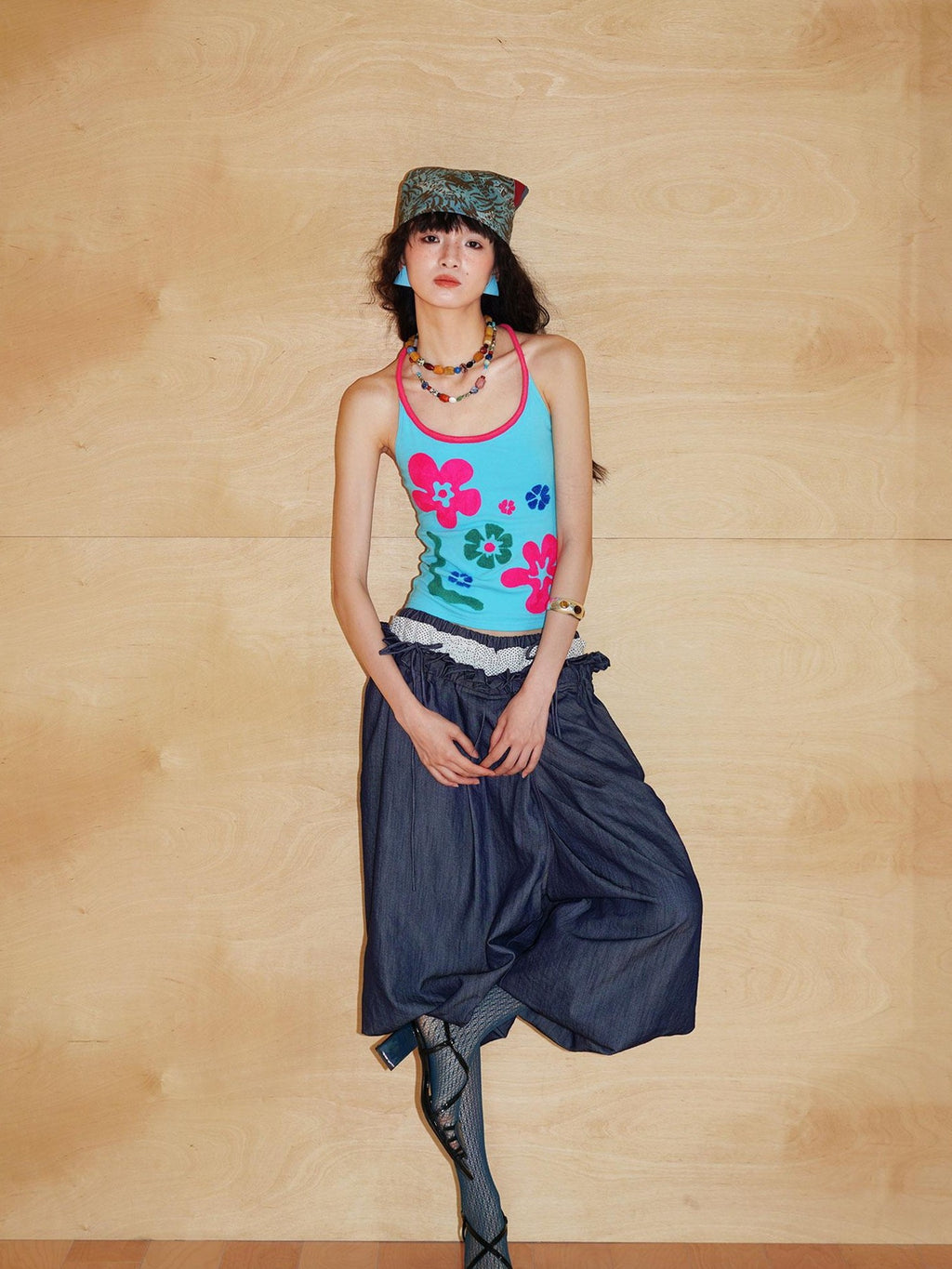 badtaste Western Heavy Patchwork Asymmetric Triple Waistband Women's Denim Wide-leg Pants