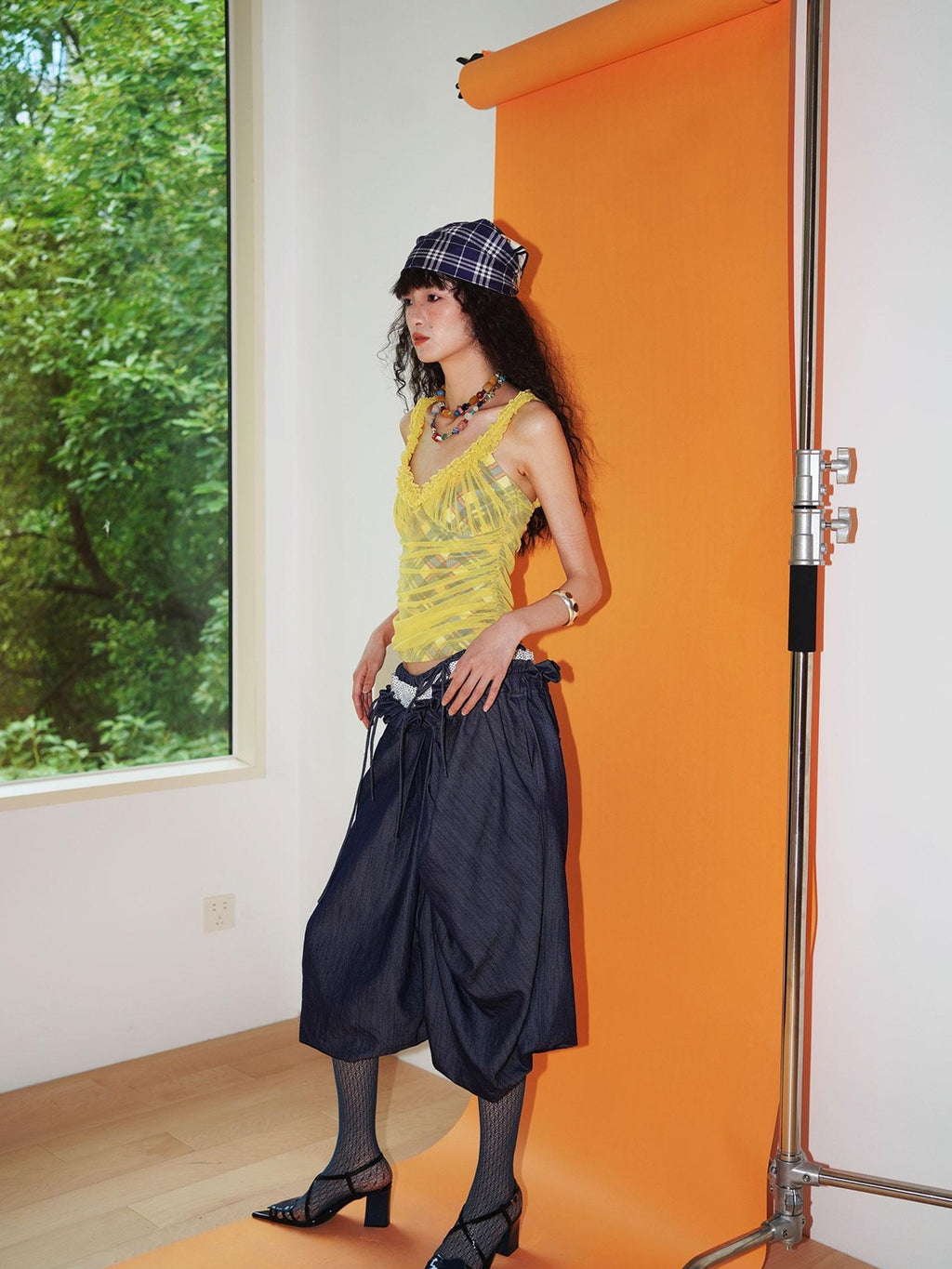 badtaste Western Heavy Patchwork Asymmetric Triple Waistband Women's Denim Wide-leg Pants