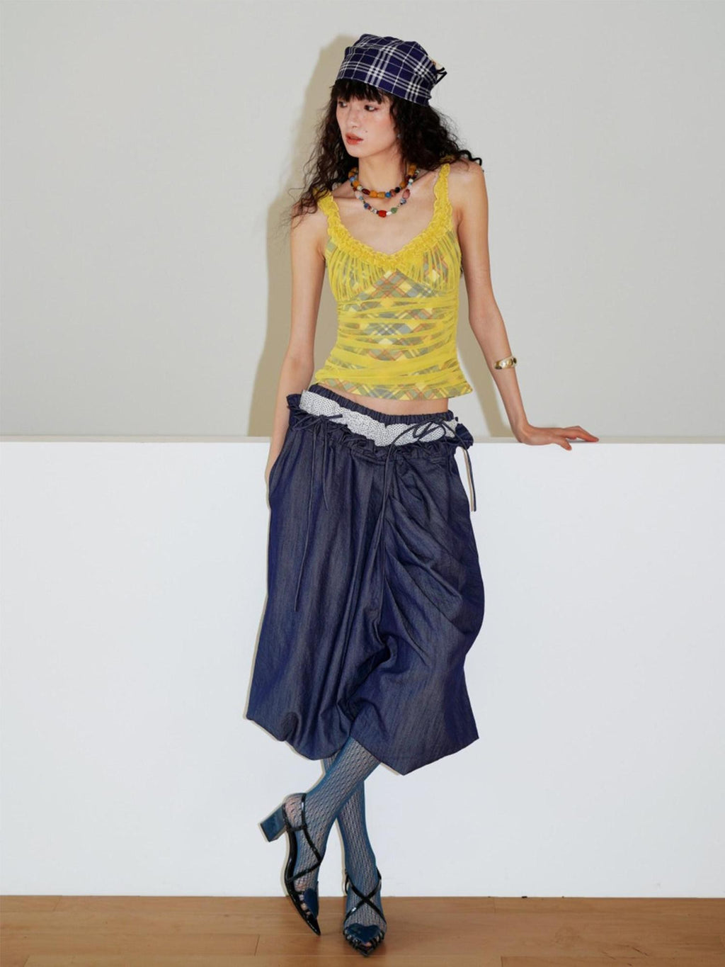 badtaste Western Heavy Patchwork Asymmetric Triple Waistband Women's Denim Wide-leg Pants