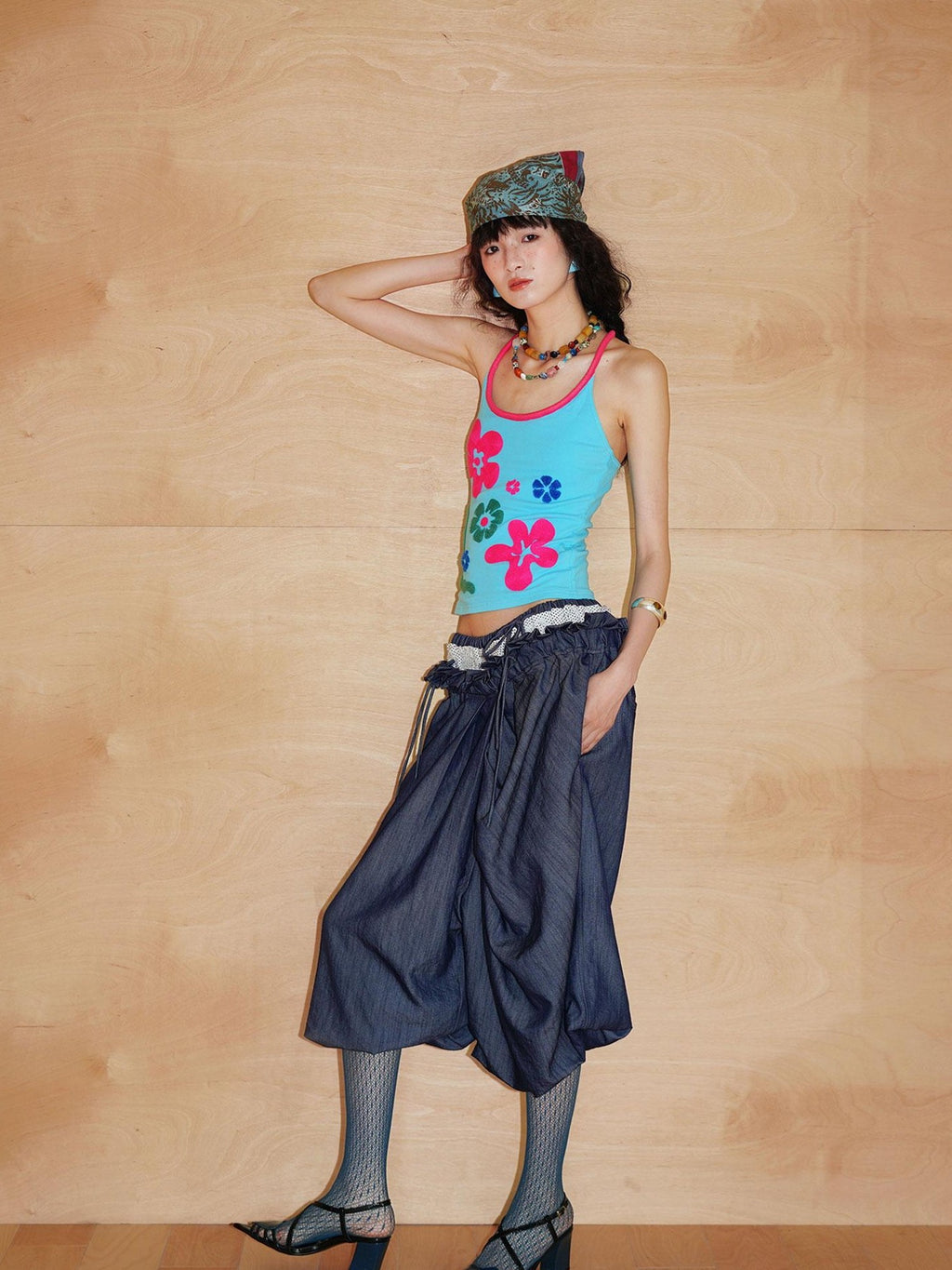 badtaste Western Heavy Patchwork Asymmetric Triple Waistband Women's Denim Wide-leg Pants