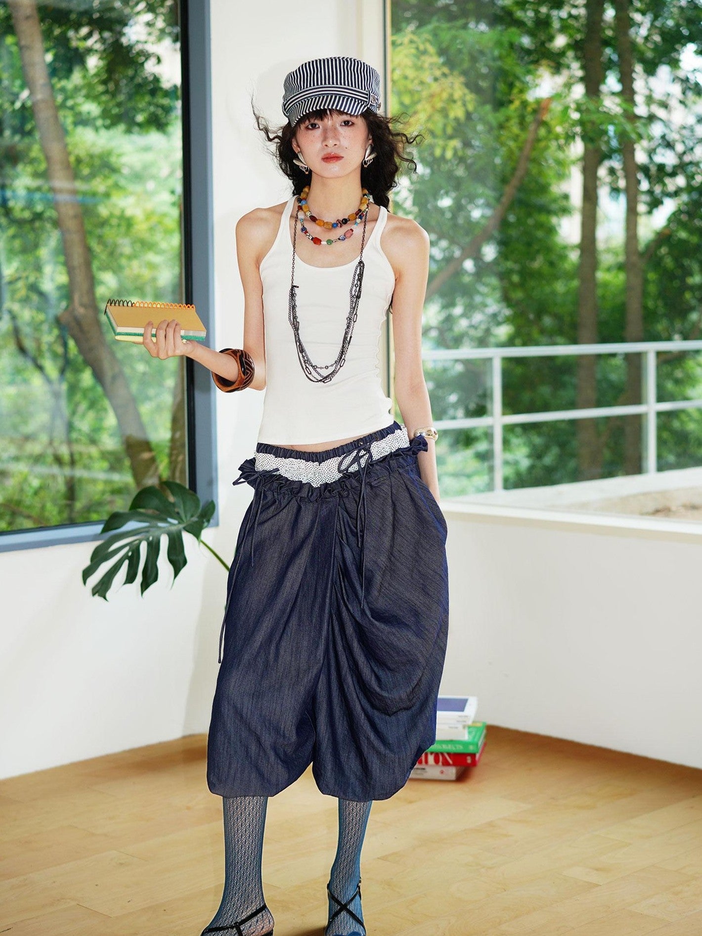 badtaste Western Heavy Patchwork Asymmetric Triple Waistband Women's Denim Wide-leg Pants