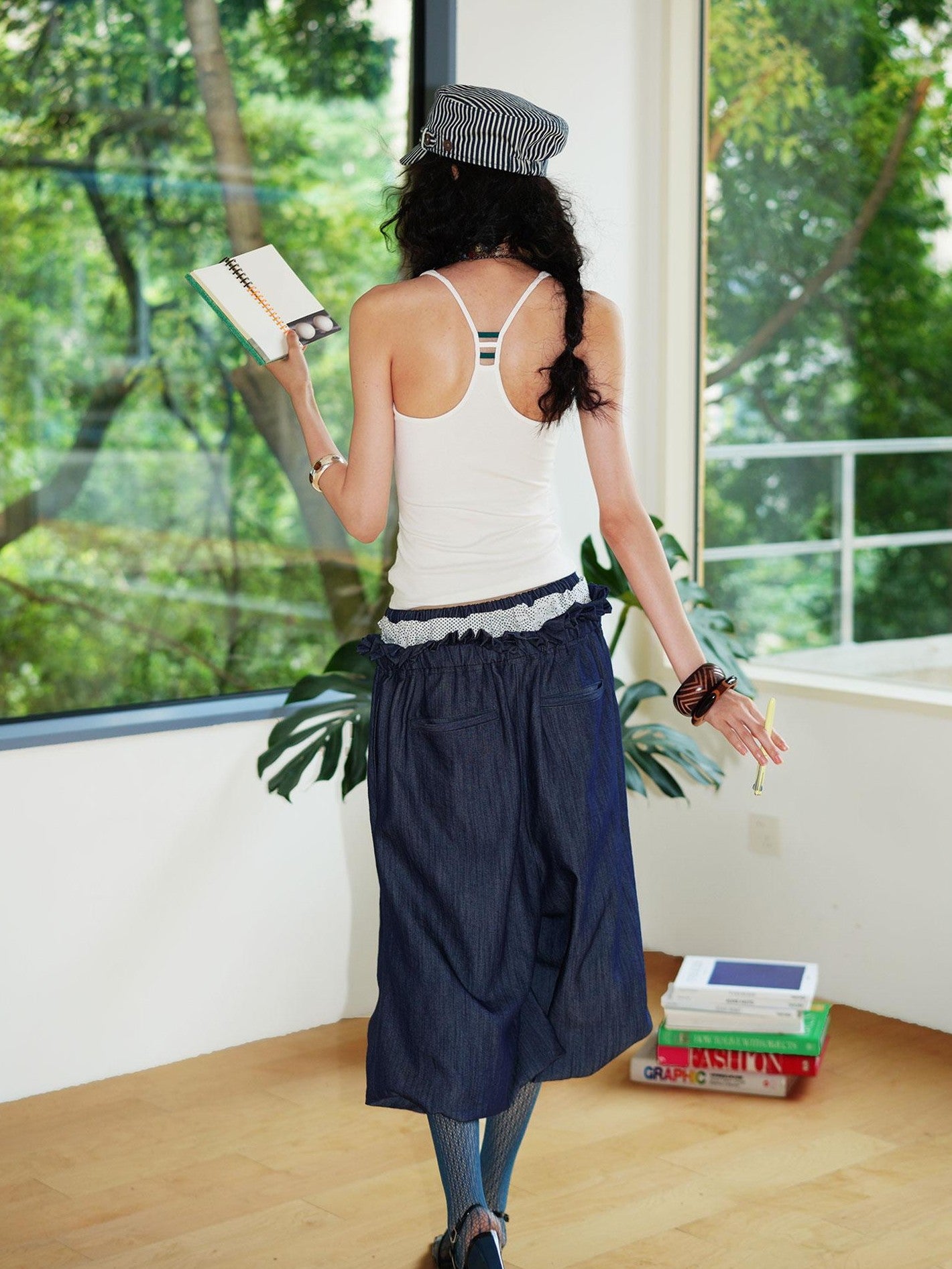 badtaste Western Heavy Patchwork Asymmetric Triple Waistband Women's Denim Wide-leg Pants