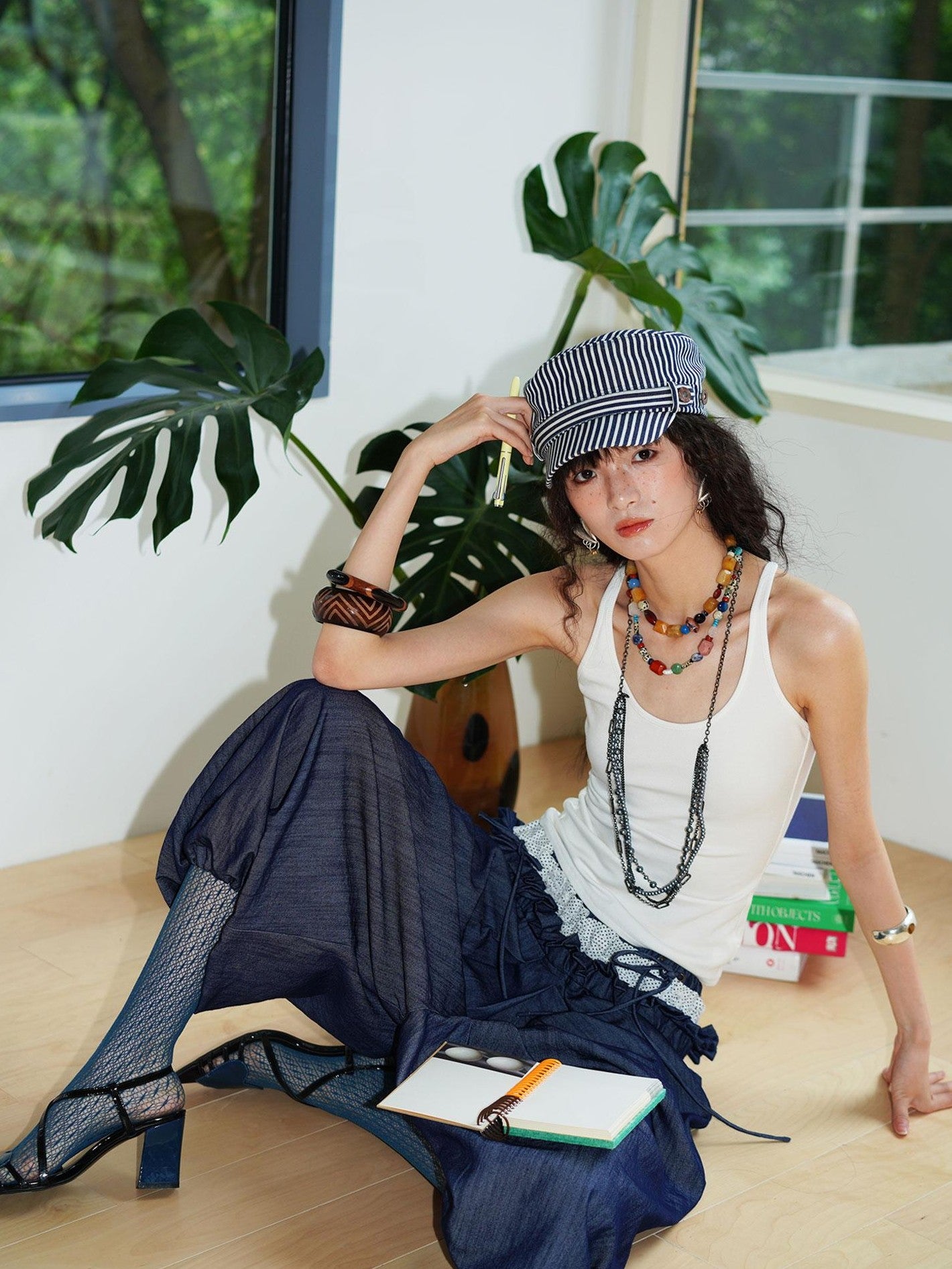 badtaste Western Heavy Patchwork Asymmetric Triple Waistband Women's Denim Wide-leg Pants