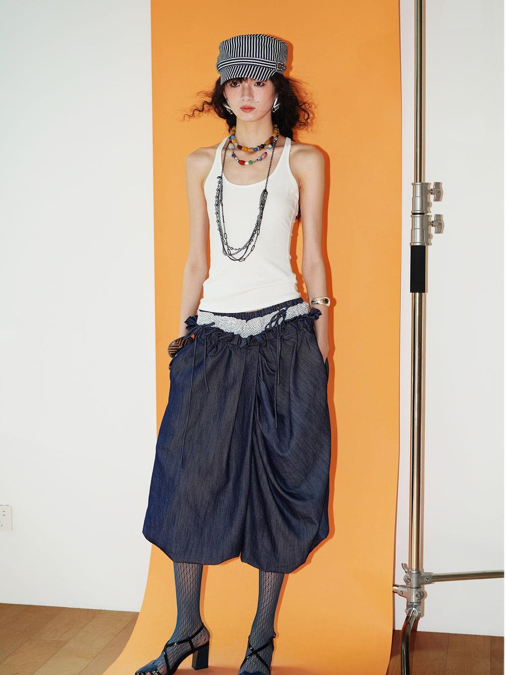badtaste Western Heavy Patchwork Asymmetric Triple Waistband Women's Denim Wide-leg Pants