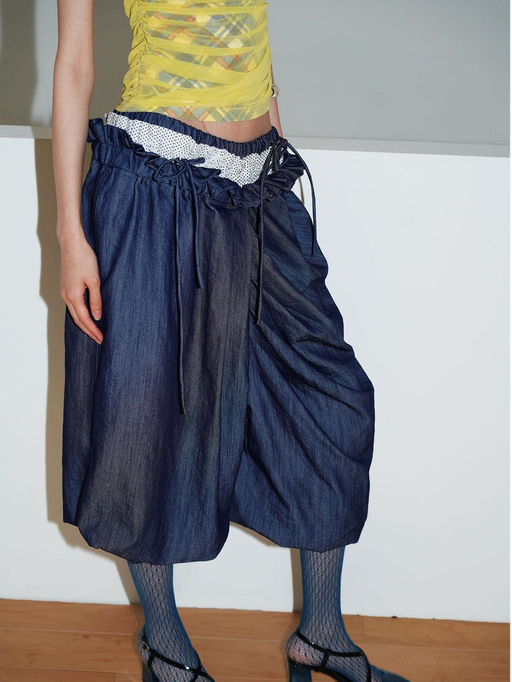 badtaste Western Heavy Patchwork Asymmetric Triple Waistband Women's Denim Wide-leg Pants