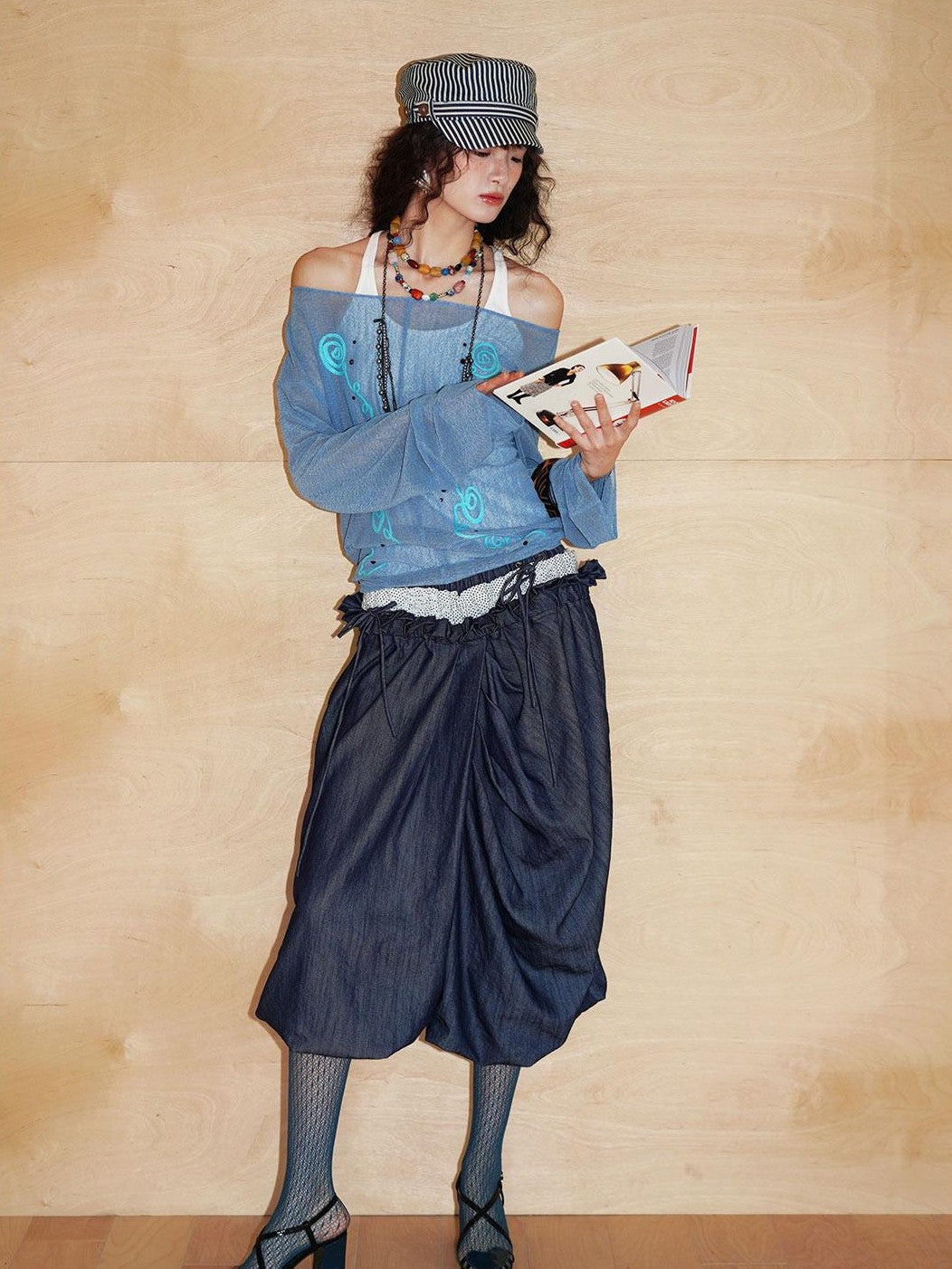 badtaste Western Heavy Patchwork Asymmetric Triple Waistband Women's Denim Wide-leg Pants