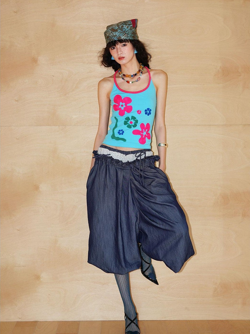 badtaste Western Heavy Patchwork Asymmetric Triple Waistband Women's Denim Wide-leg Pants