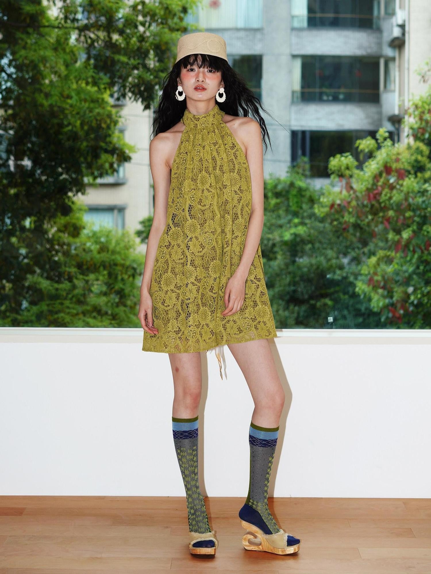 badtaste Western Lace A Line Sleeveless High Neck Women's Green Halter Mini Dresses
