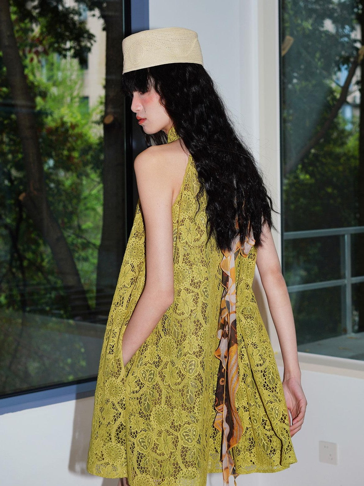 badtaste Western Lace A Line Sleeveless High Neck Women's Green Halter Mini Dresses