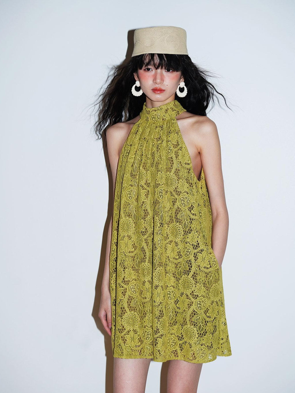 badtaste Western Lace A Line Sleeveless High Neck Women's Green Halter Mini Dresses