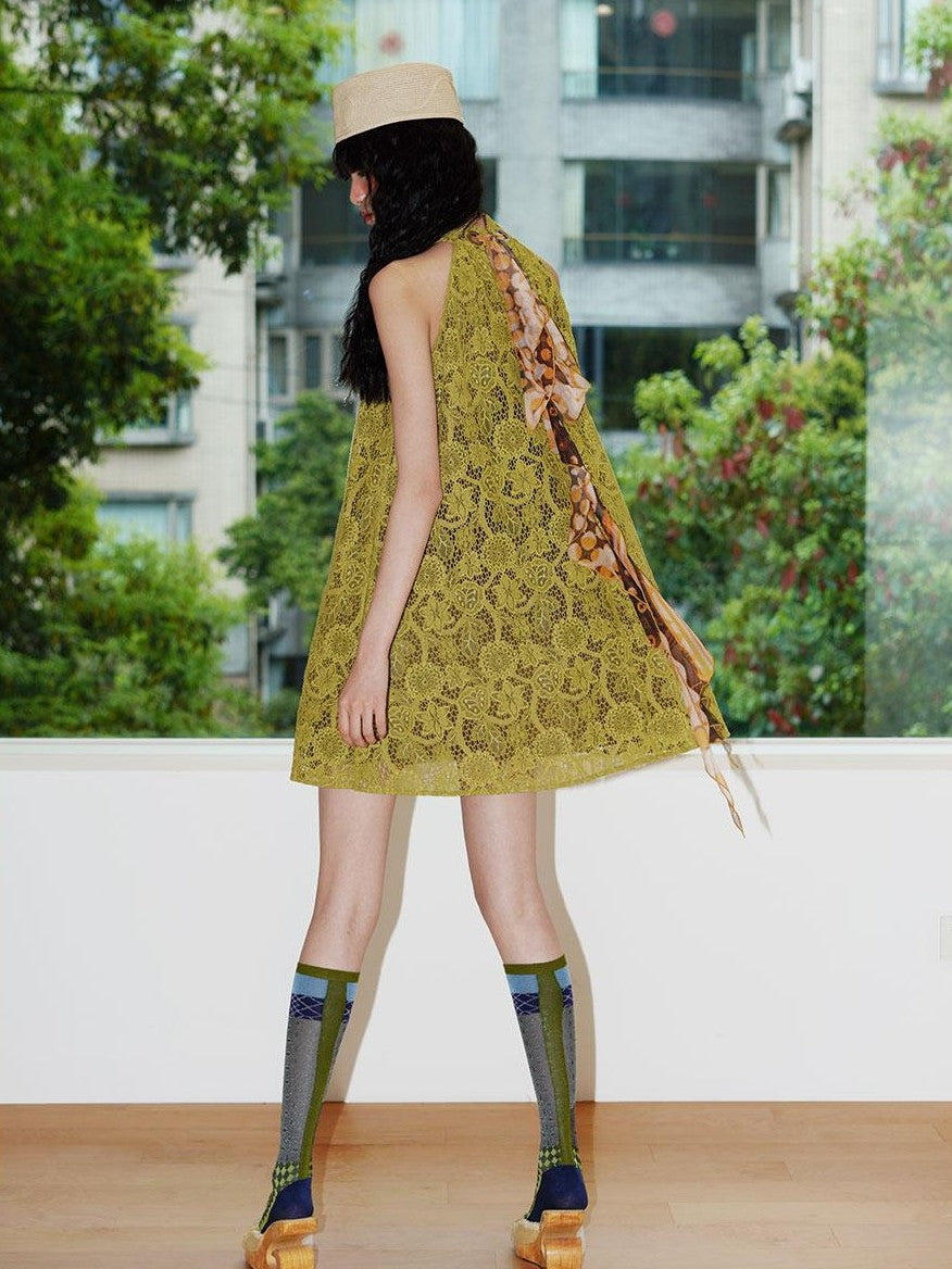 badtaste Western Lace A Line Sleeveless High Neck Women's Green Halter Mini Dresses