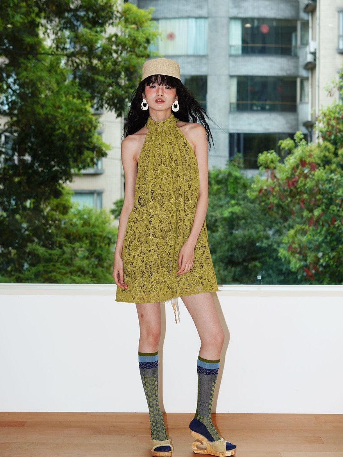 badtaste Western Lace A Line Sleeveless High Neck Women's Green Halter Mini Dresses