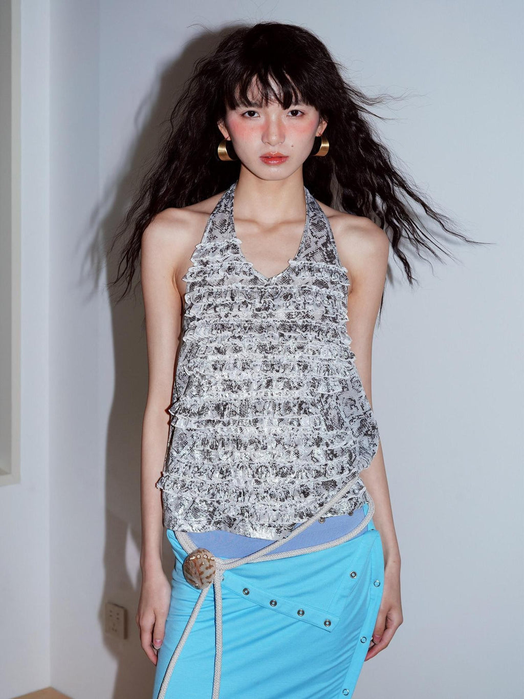 badtaste Western Layered Ruffle Open Back Women's Printed Cotton Linen Halter Tops