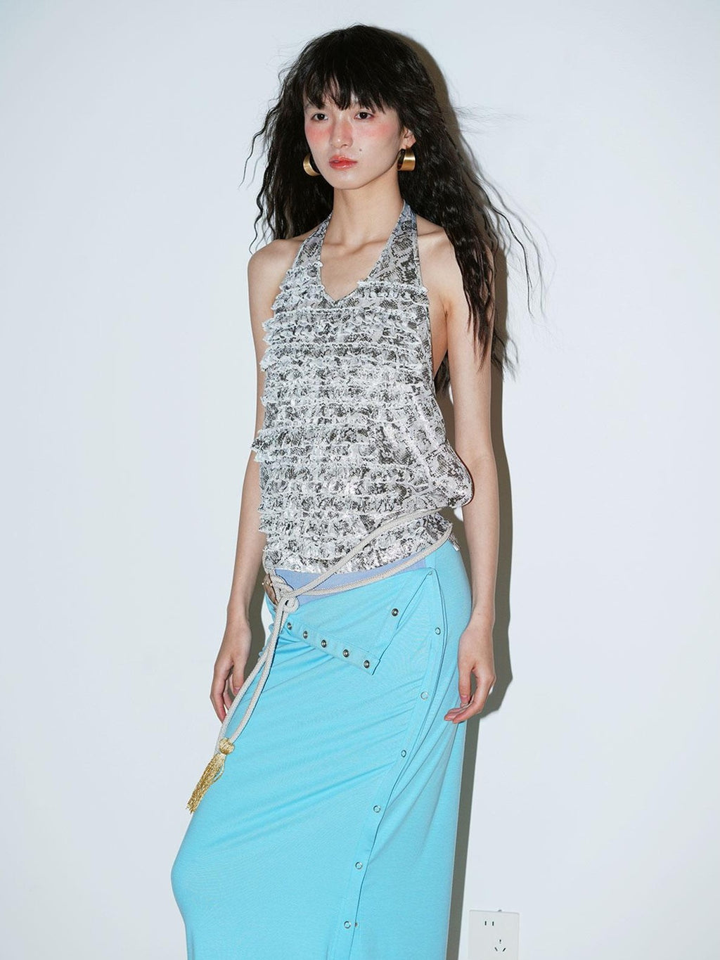 badtaste Western Layered Ruffle Open Back Women's Printed Cotton Linen Halter Tops