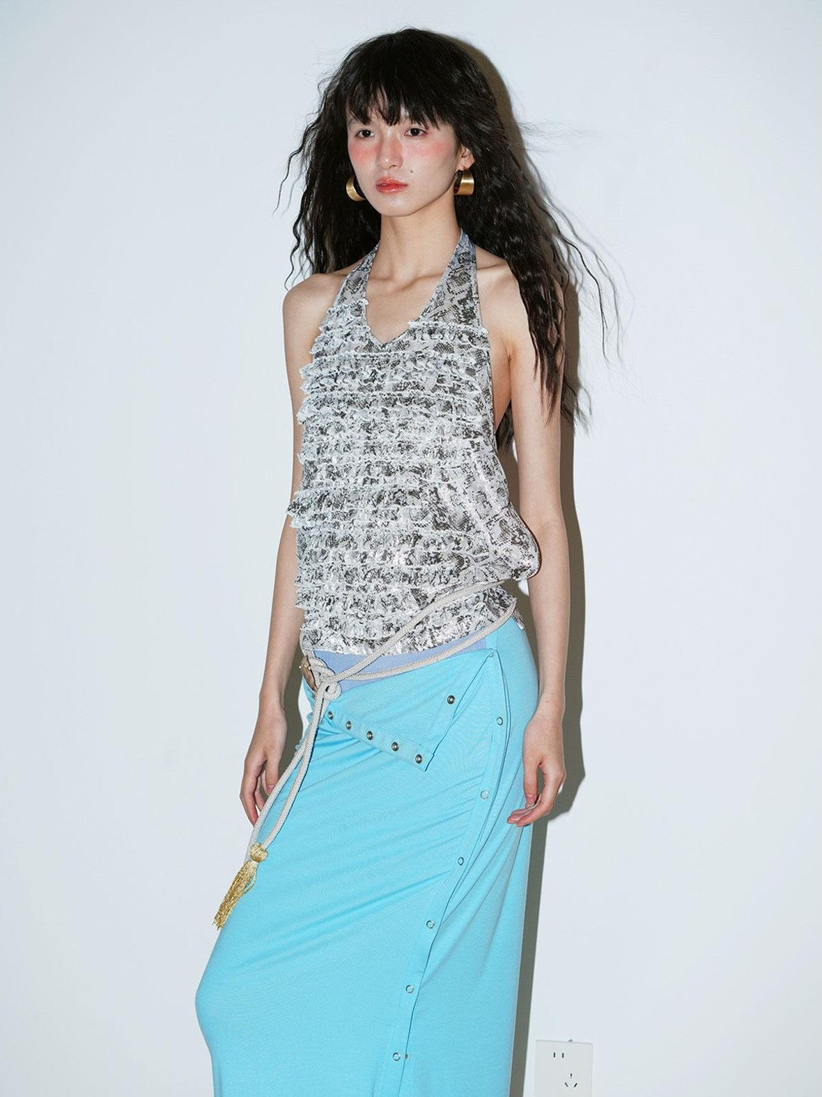 badtaste Western Layered Ruffle Open Back Women's Printed Cotton Linen Halter Tops
