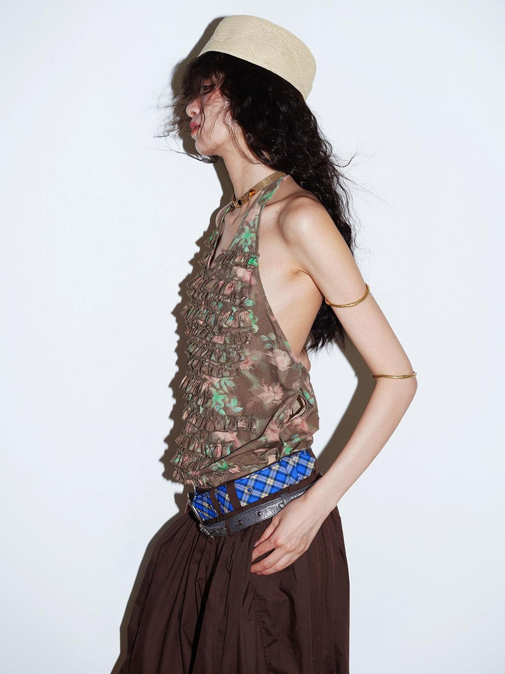 badtaste Western Layered Ruffle Open Back Women's Printed Cotton Linen Halter Tops