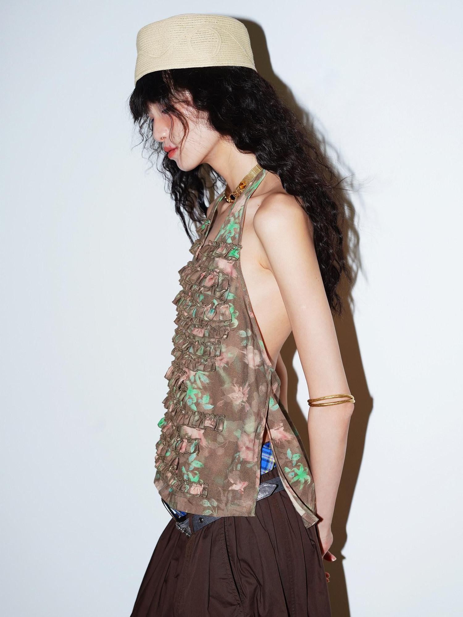 badtaste Western Layered Ruffle Open Back Women's Printed Cotton Linen Halter Tops