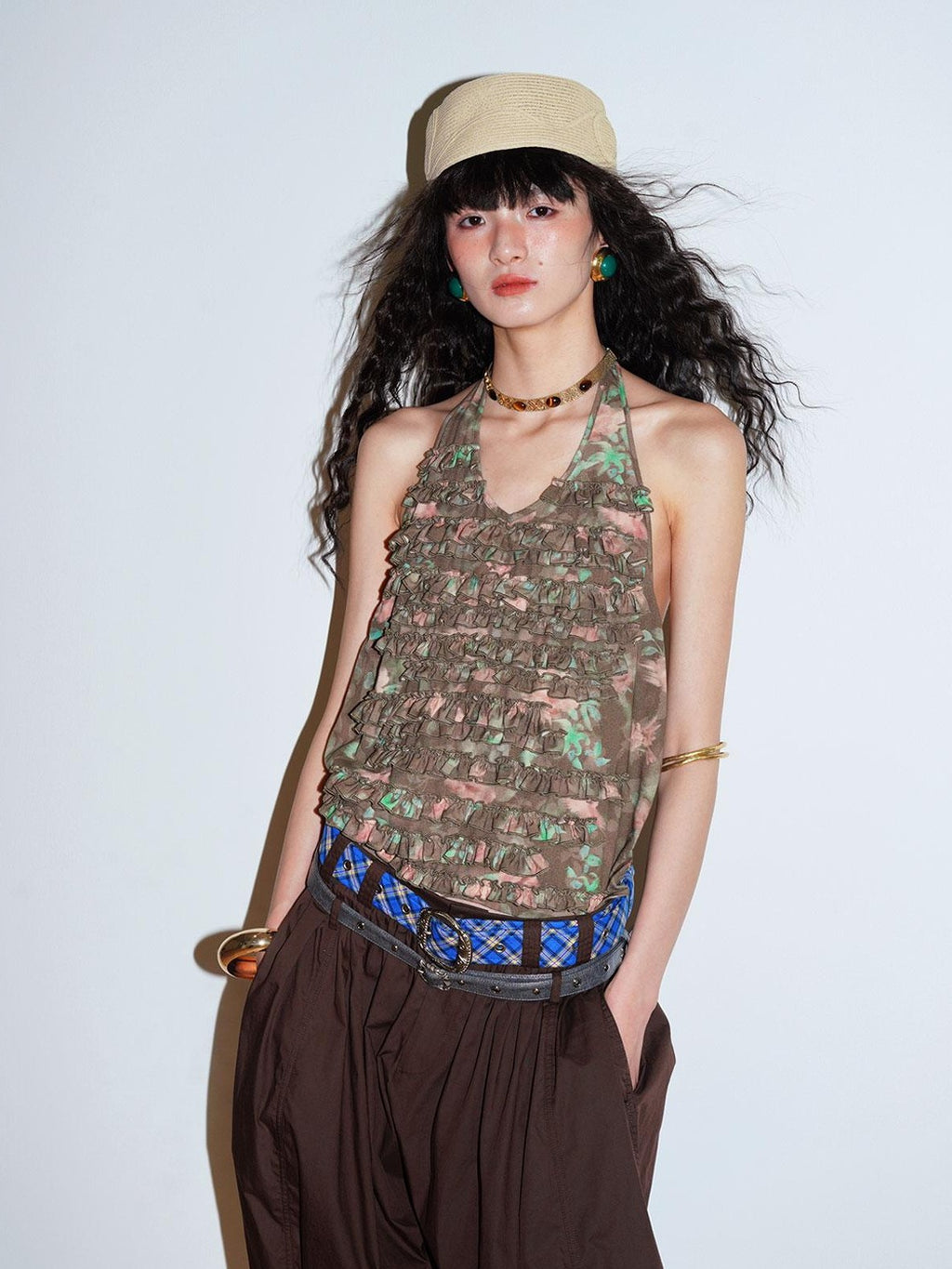 badtaste Western Layered Ruffle Open Back Women's Printed Cotton Linen Halter Tops