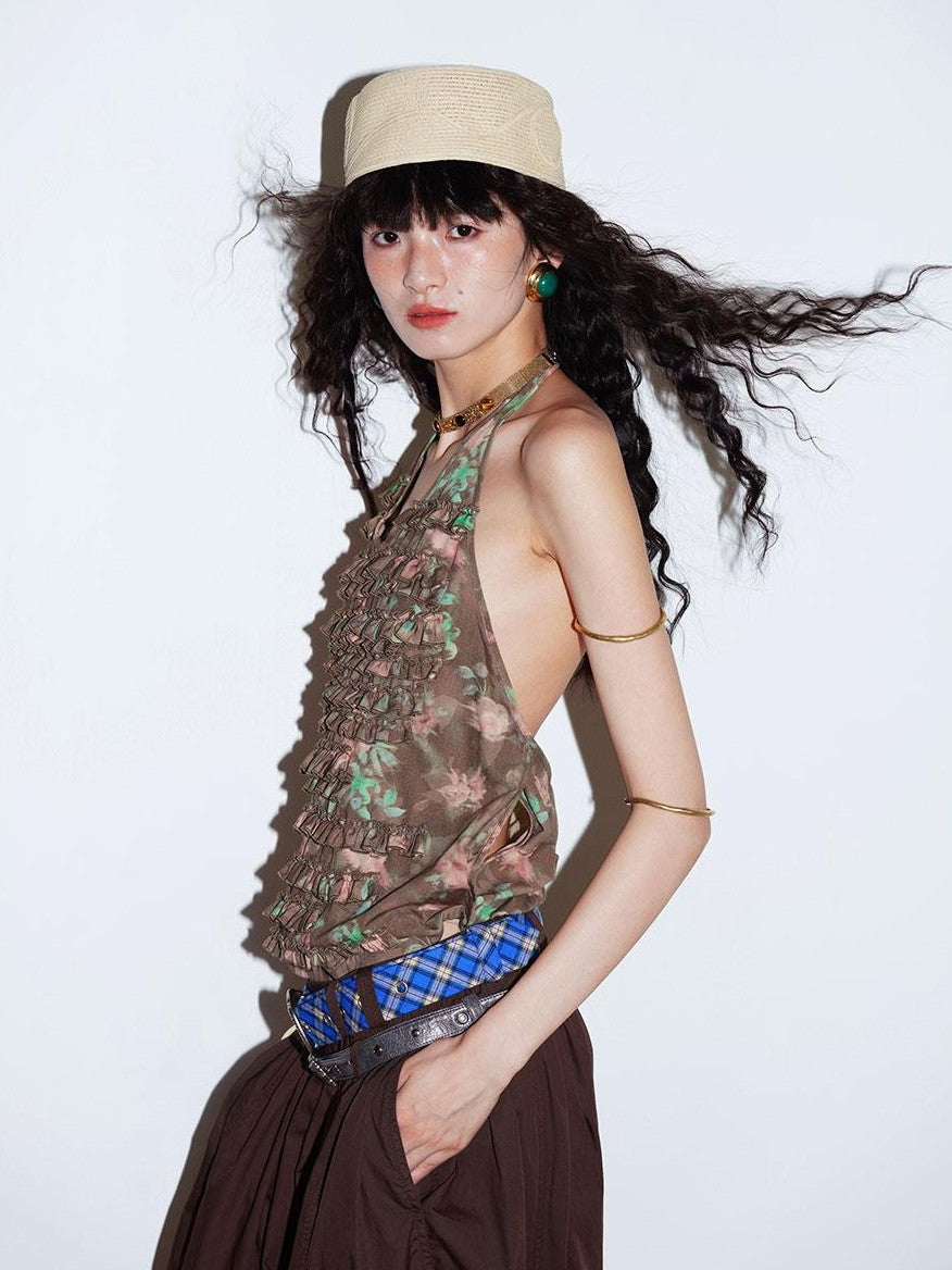 badtaste Western Layered Ruffle Open Back Women's Printed Cotton Linen Halter Tops