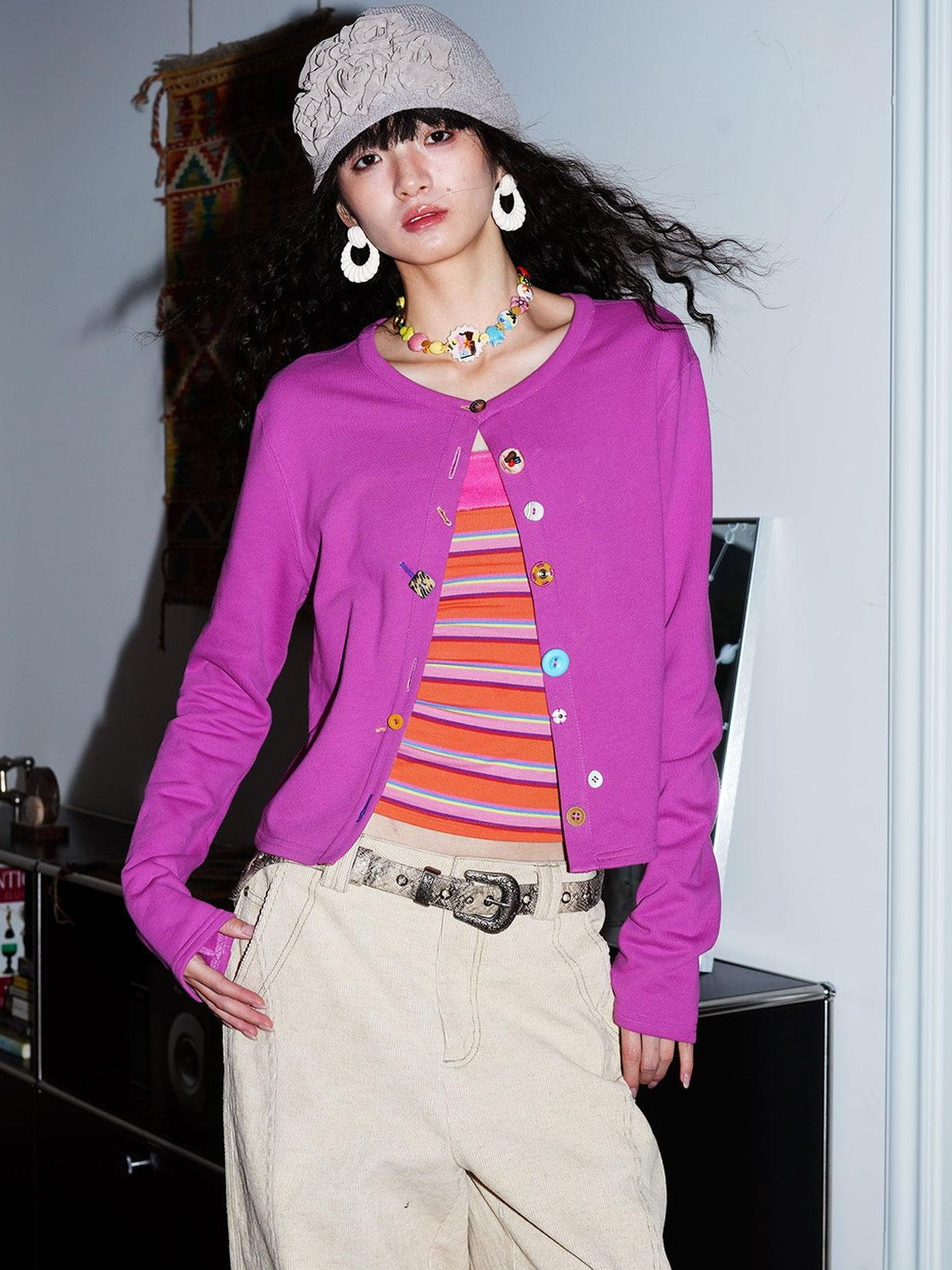 badtaste Western Mixed Color Buttons Women's Cotton Sweatshirt Knit Button-up Cardigans