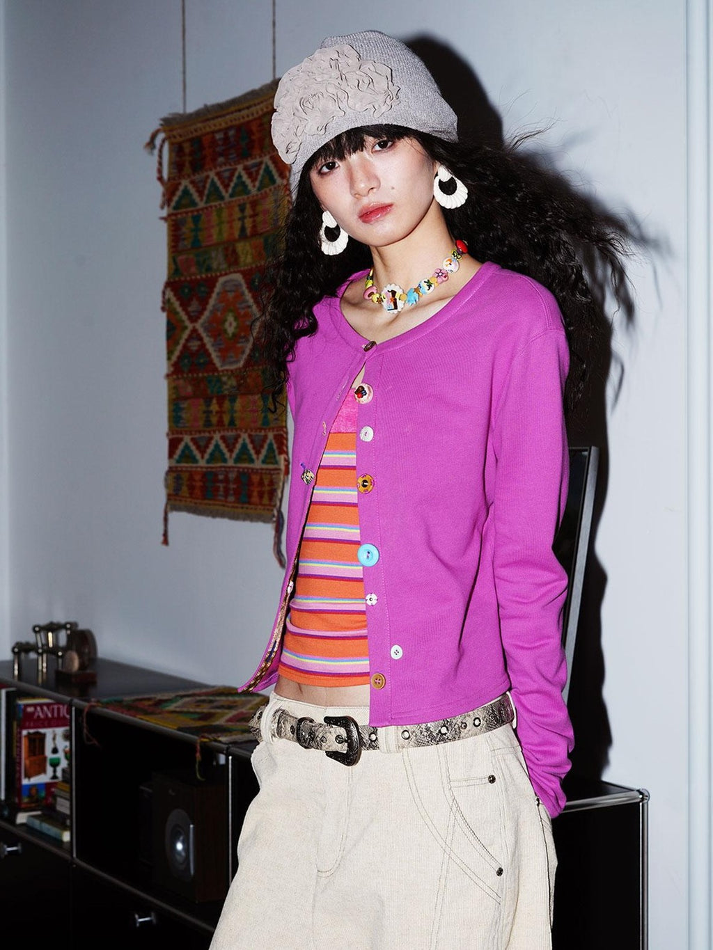 badtaste Western Mixed Color Buttons Women's Cotton Sweatshirt Knit Button-up Cardigans