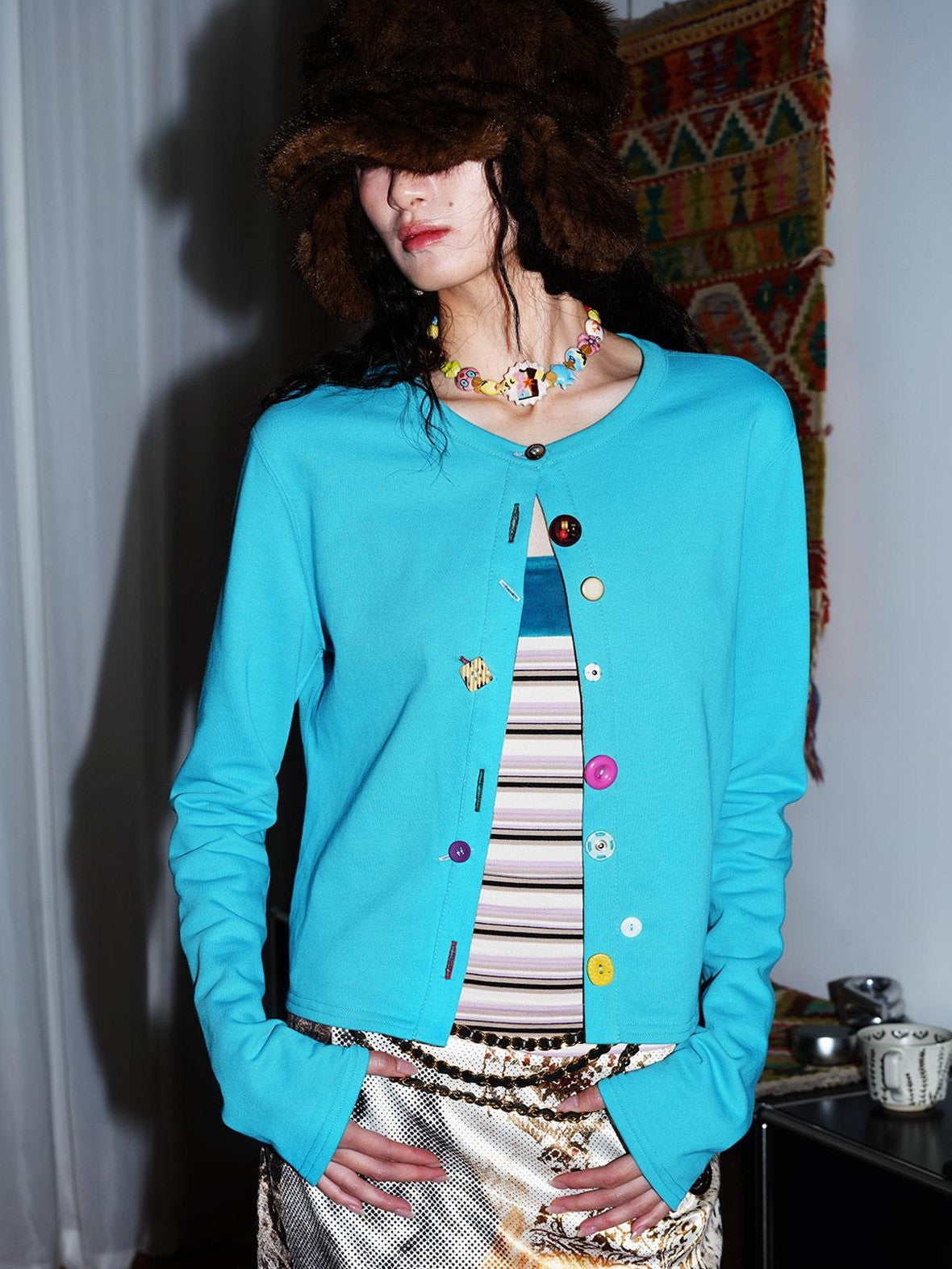 badtaste Western Mixed Color Buttons Women's Cotton Sweatshirt Knit Button-up Cardigans