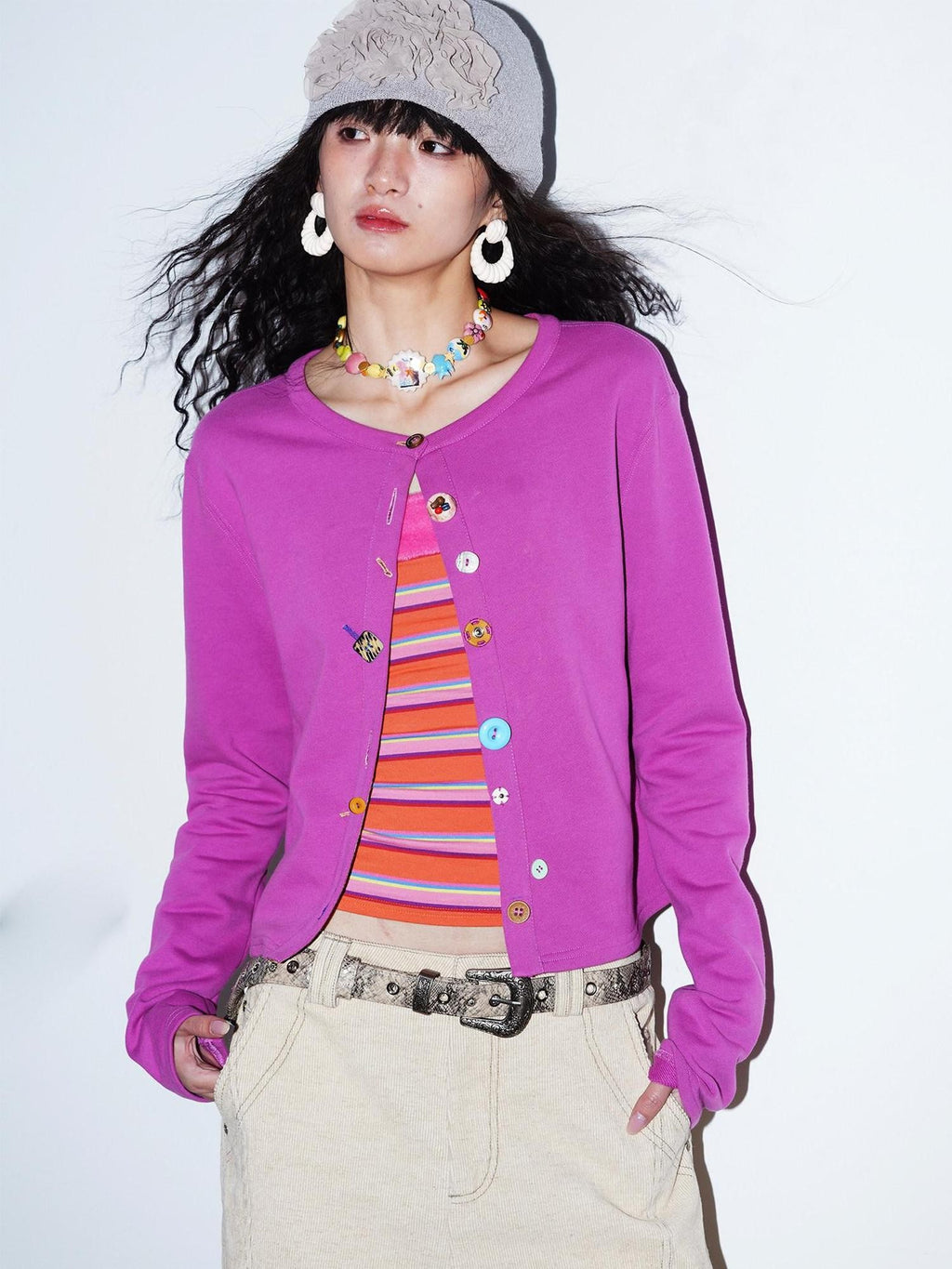 badtaste Western Mixed Color Buttons Women's Cotton Sweatshirt Knit Button-up Cardigans