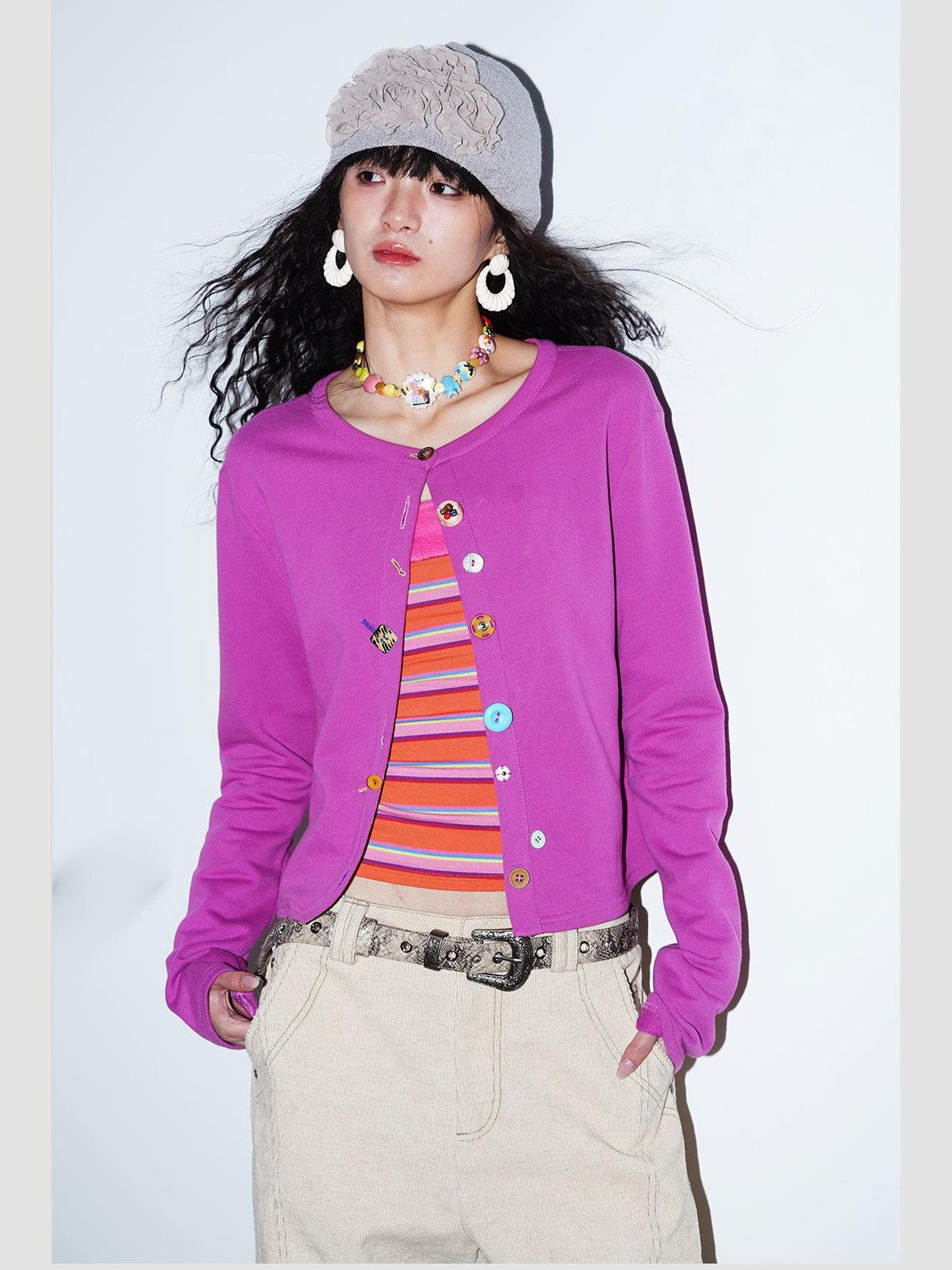 badtaste Western Mixed Color Buttons Women's Cotton Sweatshirt Knit Button-up Cardigans