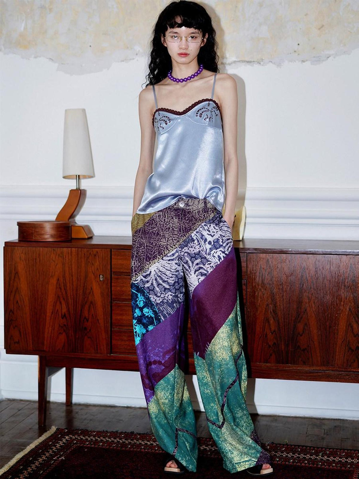 badtaste Western Modern Chinese Vintage Print Colorblock Women's Wide-leg Pants