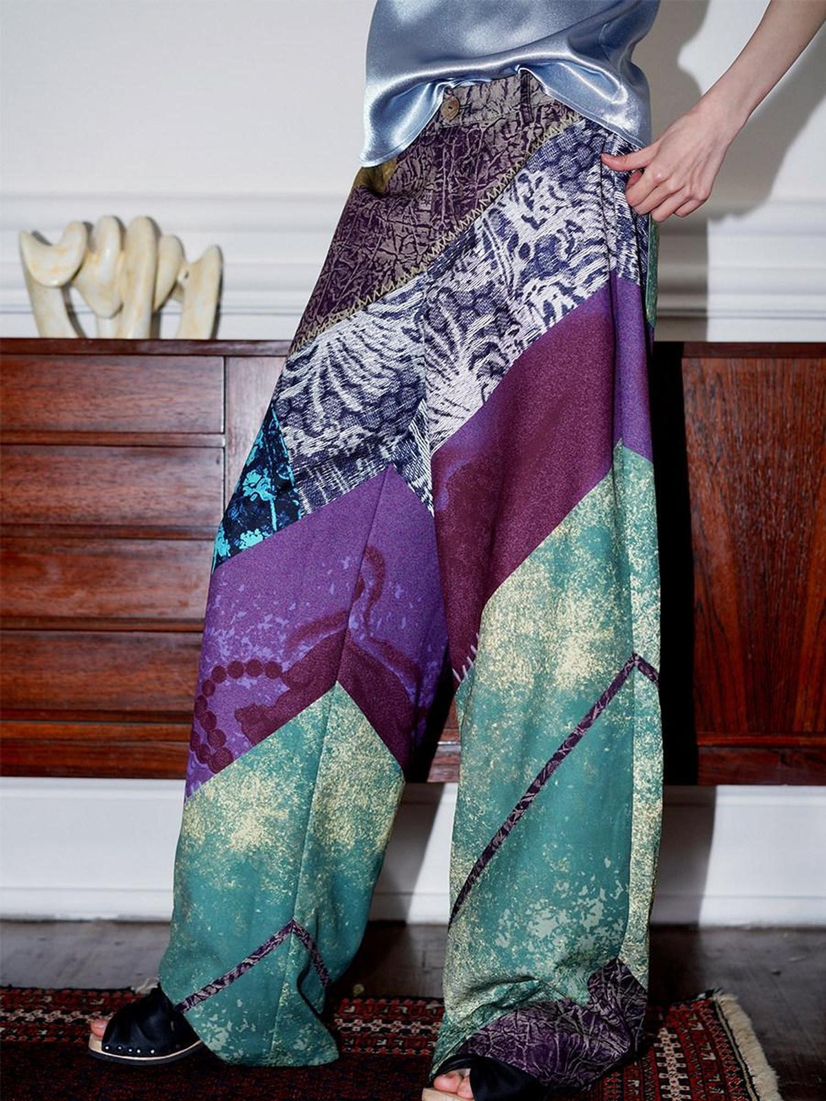 badtaste Western Modern Chinese Vintage Print Colorblock Women's Wide-leg Pants