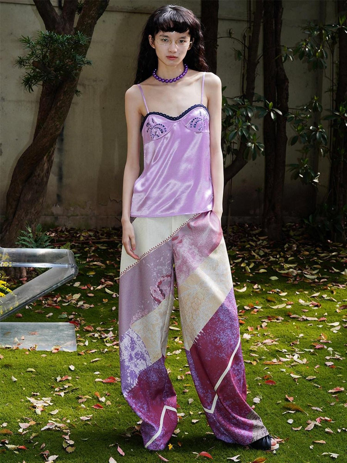 badtaste Western Modern Chinese Vintage Print Colorblock Women's Wide-leg Pants