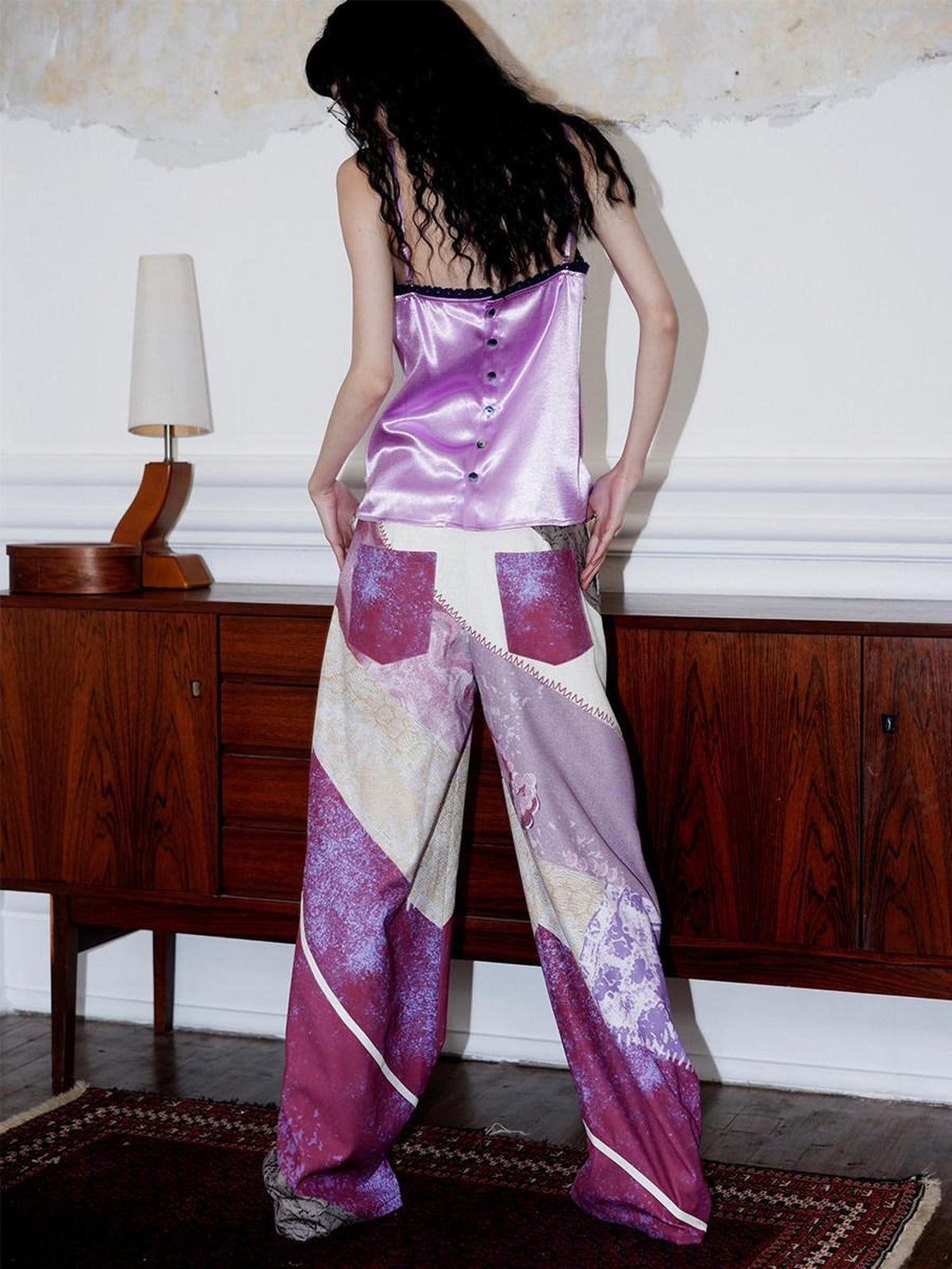 badtaste Western Modern Chinese Vintage Print Colorblock Women's Wide-leg Pants