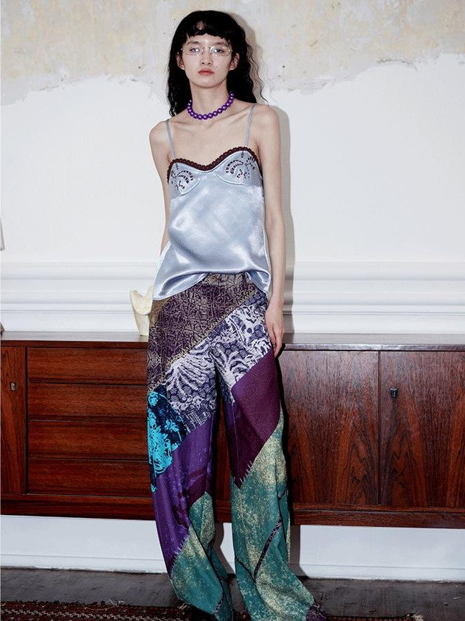 badtaste Western Modern Chinese Vintage Print Colorblock Women's Wide-leg Pants