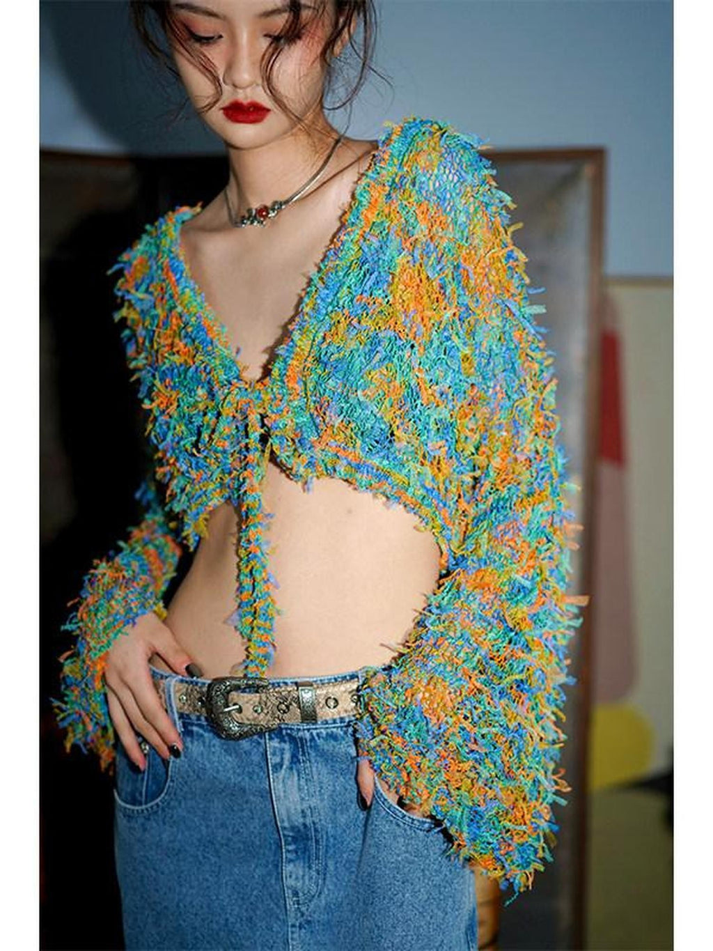 badtaste Western Openwork Tie Front Women's Special Yarn Cropped Knit Cardigans