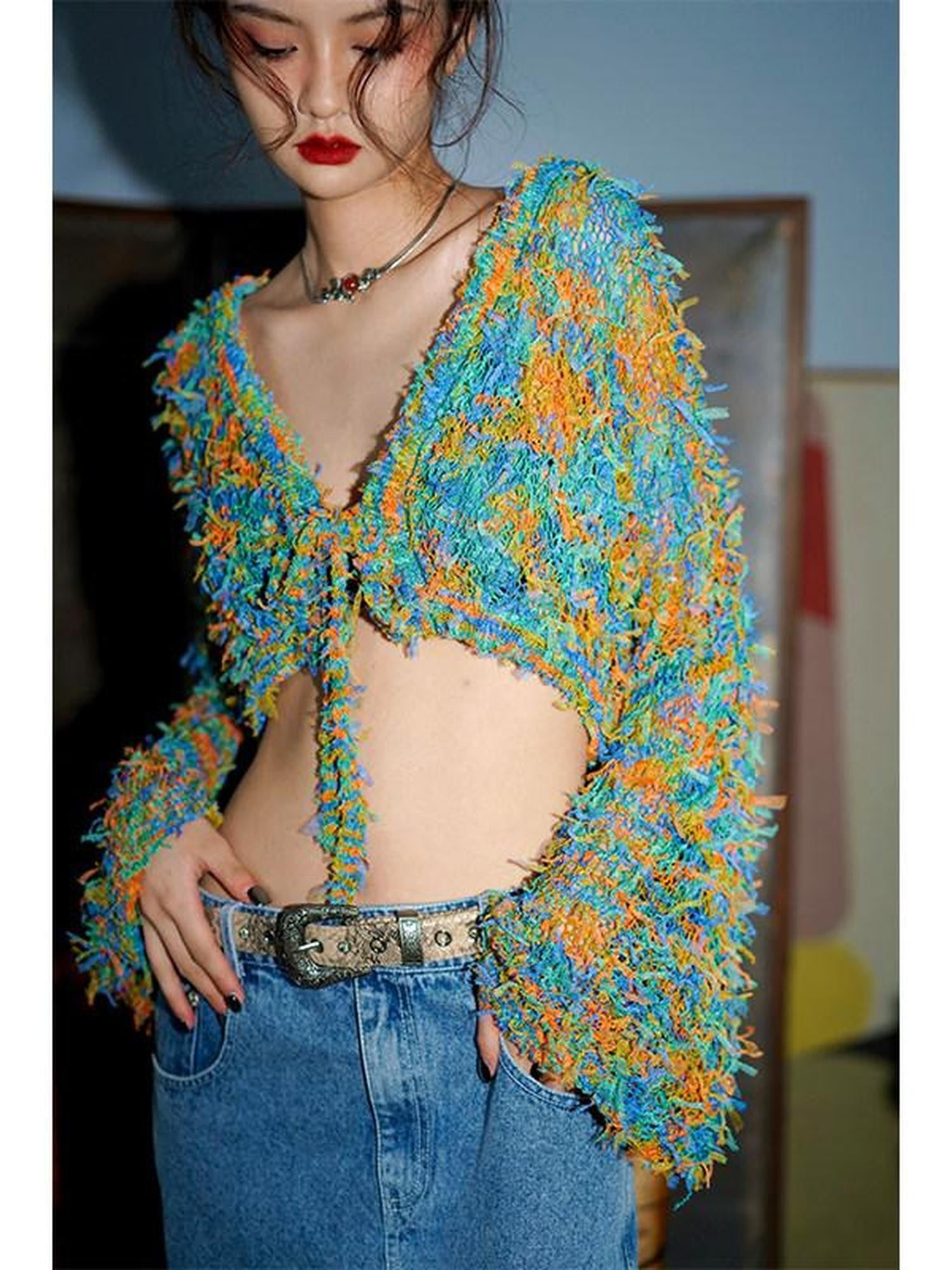 badtaste Western Openwork Tie Front Women's Special Yarn Cropped Knit Cardigans