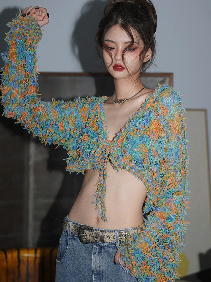 badtaste Western Openwork Tie Front Women's Special Yarn Cropped Knit Cardigans