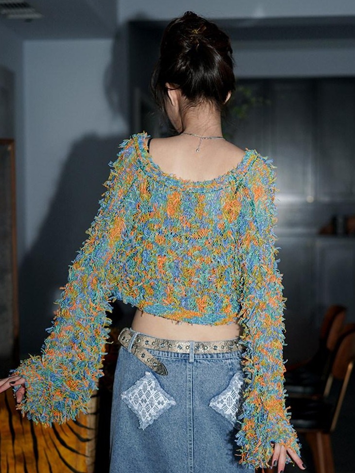 badtaste Western Openwork Tie Front Women's Special Yarn Cropped Knit Cardigans