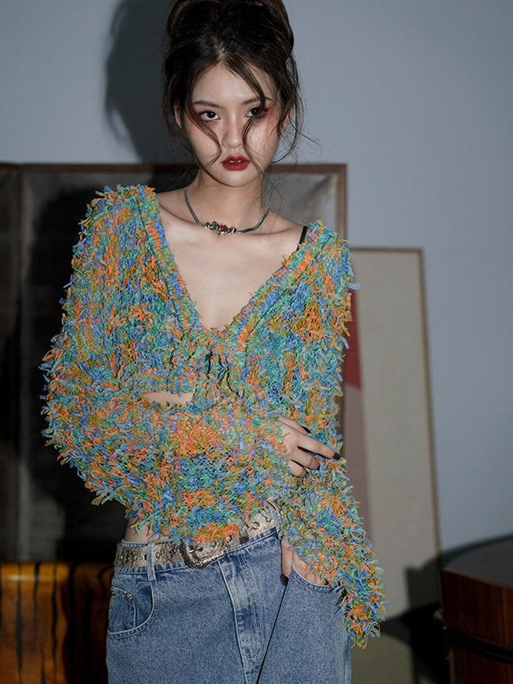 badtaste Western Openwork Tie Front Women's Special Yarn Cropped Knit Cardigans