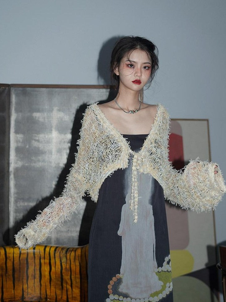 badtaste Western Openwork Tie Front Women's Special Yarn Cropped Knit Cardigans