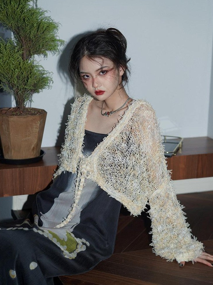badtaste Western Openwork Tie Front Women's Special Yarn Cropped Knit Cardigans