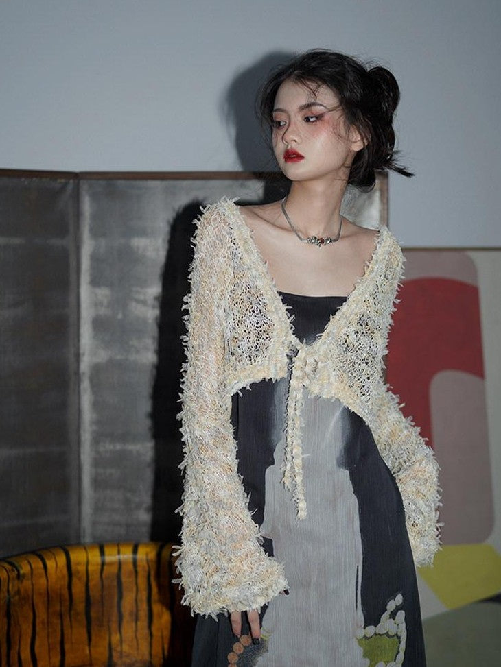 badtaste Western Openwork Tie Front Women's Special Yarn Cropped Knit Cardigans