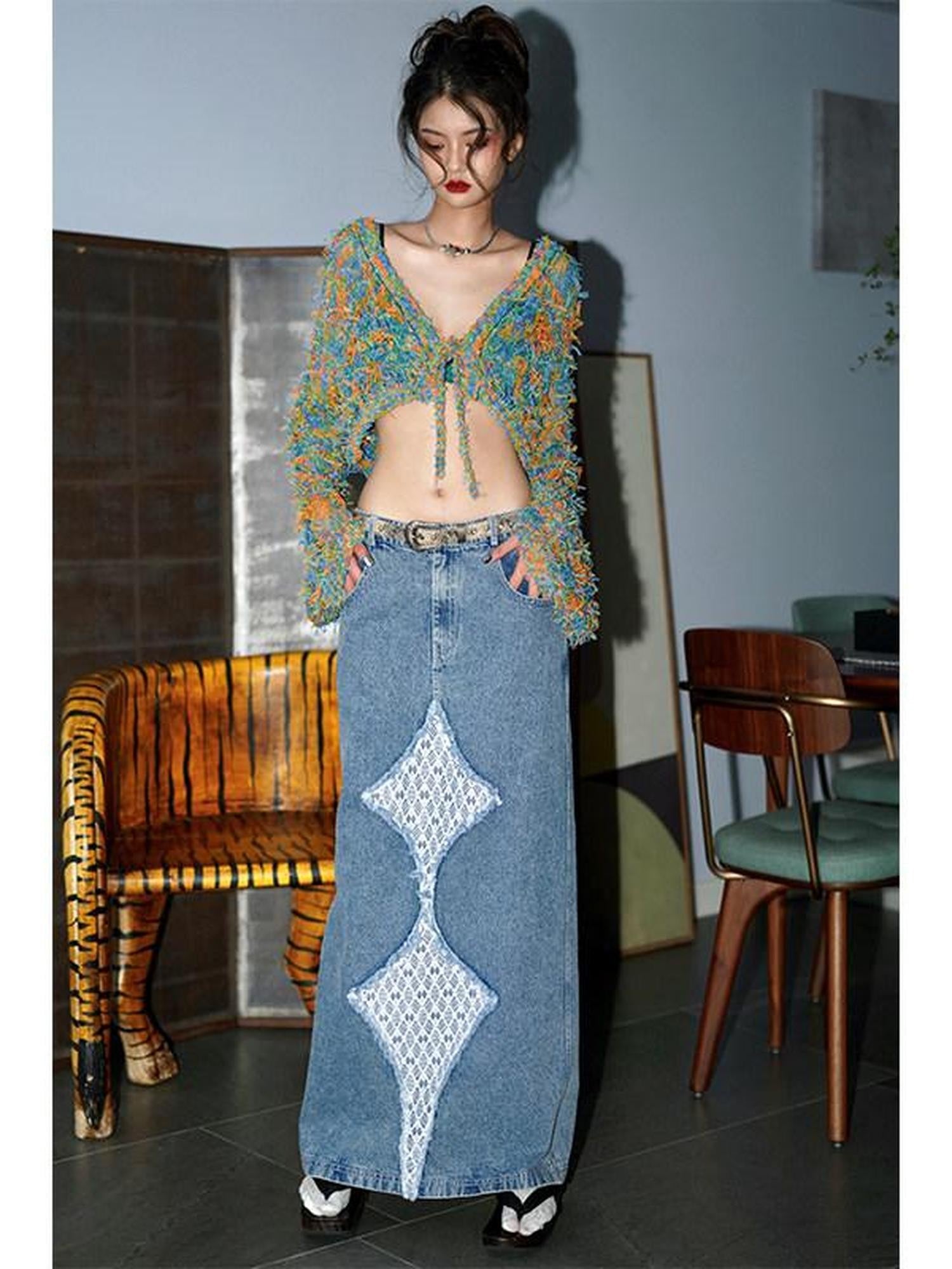 badtaste Western Openwork Tie Front Women's Special Yarn Cropped Knit Cardigans