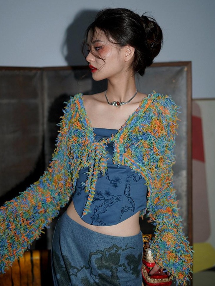 badtaste Western Openwork Tie Front Women's Special Yarn Cropped Knit Cardigans