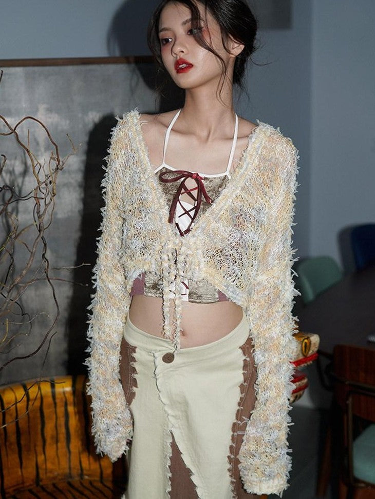 badtaste Western Openwork Tie Front Women's Special Yarn Cropped Knit Cardigans