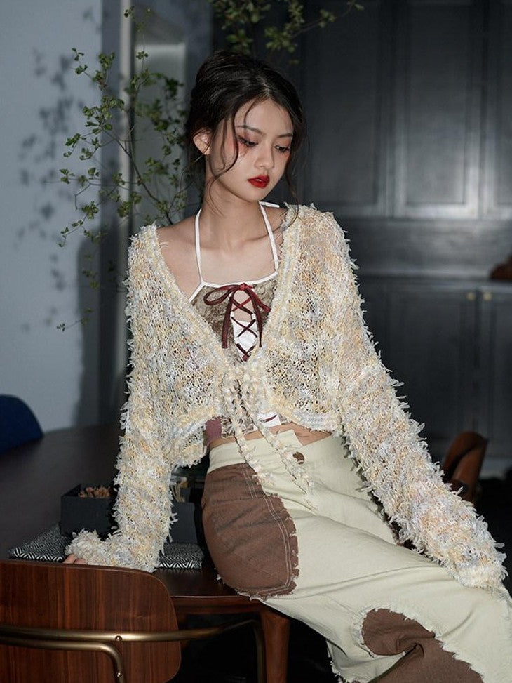 badtaste Western Openwork Tie Front Women's Special Yarn Cropped Knit Cardigans